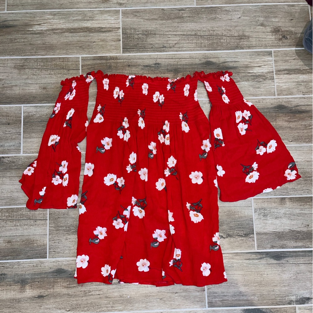 Off the shoulder, red, floral dress